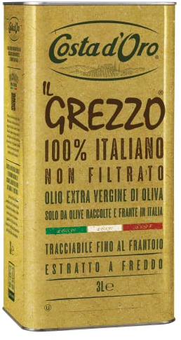 Costa d'Oro – Il Grezzo, Olio extravergine di oliva non filtrato 100% italiano. Estratto a freddo subito dopo il raccolto, ricco di vitamine e antiossidanti naturali. Latta Da 3 litri.