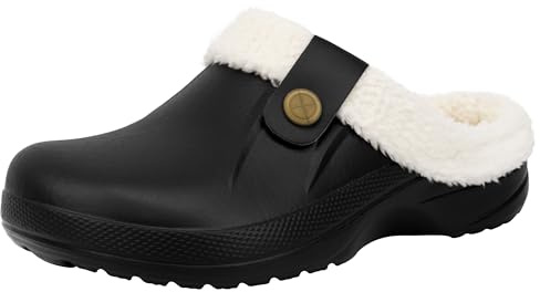 ChayChax Women and Men Fur Lined Clogs Memory Foam Warm Fuzzy Slippers Winter Waterproof Indoor Outdoor Slipper, Black, 8.5-9 Women/7.5-8 Men