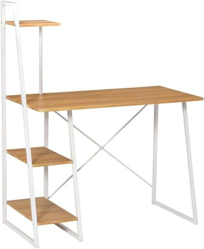HOMION Computer Desk Home Office Table With 4-Tier Storage Shelf Pc Laptop Work Study Writing Desk For Bedroom Living Room (Natural)