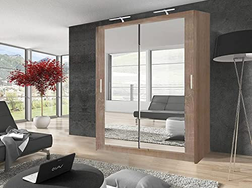 GSW Mueble de dormitorio moderno doble espejo puerta corredera armario con estantes, barra colgante y luz LED (100 cm, roble/sonoma)
