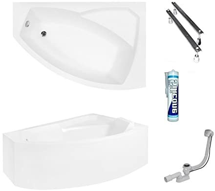 ECOLAM Baignoire d'angle Rima 140x90 cm | version droite | tablier acrylique | pieds siphon + silicone | Belle forme | Set complet