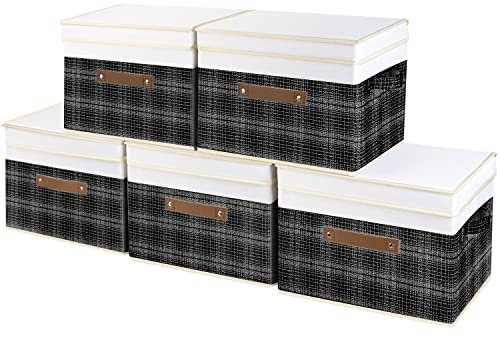 TYEERS Collapsible Storage Box with Lid, Patchwork Design, Decorative, Fabric Storage Box for Clothes, Wardrobe Storage, 38x25x25 cm, Set of 5, Black