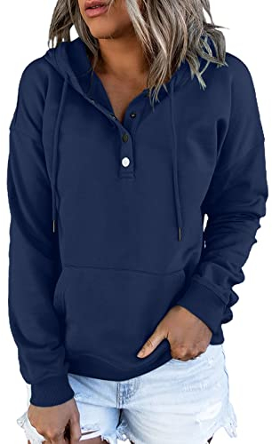 Dokotoo Kapuzenpullover Damen Knopfleiste Hoodie Pullover Langarm Herbst Winter Langarmshirt Oberteil Pulli, blau, M