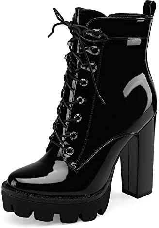 Damen Plateau Stiefeletten Fashion Chunky Heel Lug Sole Combat Boots Lace Up High Heels Booties, Schwarz Lack, 41 EU