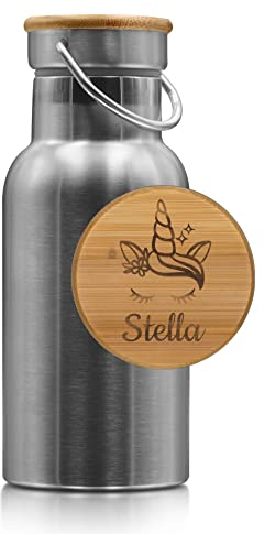 Personalisierte Edelstahl Trinkflasche Kinder - Kindertrinkflaschen aus Metall mit Namen & vielen Motiven - nachhaltig aus Edelstahl mit Holz Deckel – Wasserflasche für Kindergarten Schule