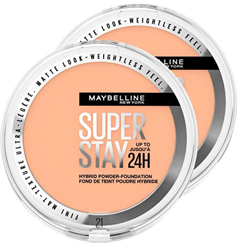 Maybelline New York Super Stay Hybrid Mattierendes Pulver-Grundierung Waterproof Matte Effekt Farbe 21 für Mischhaut und Fett, lang haltbar, 24 Stunden - 2 Kosmetik