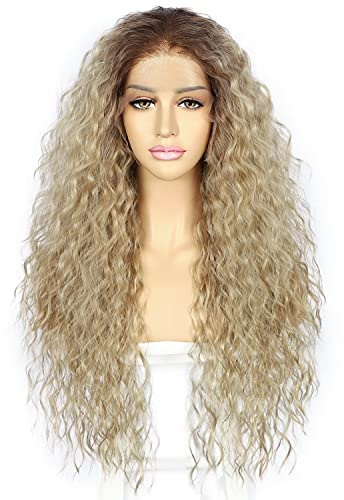 Sapphirewigs Loose Wave Lace Front Perücke Ombre Graubraun Curly Synthetische Perücken für Frauen 13x3 Tägliche Tragen Party Weihnachten Halloween Hitzebeständige 26 inch
