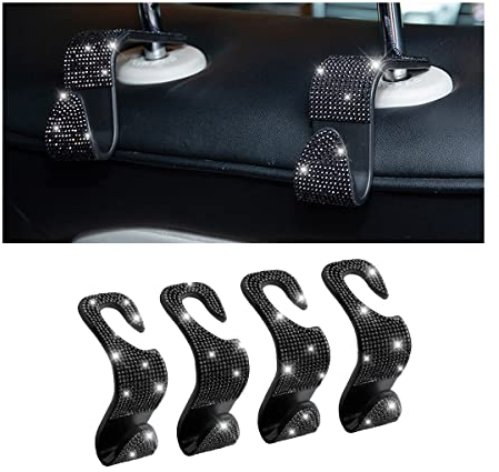 CGEAMDY 4 Stück Bling Auto Kopfstützen Haken, Autohaken Rücksitz Mit Strass Diamond, Universal-Sitz-Organizer-Aufbewahrungshaken Für Suspension Lebensmittels(Schwarz)
