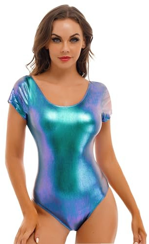 Freebily Damen Wetlook Body Kurzarm Glänzend Metallic Tanzbody Ballett Leotard Gymnastikanzug Turnanzug Trikot Disco Party Gogo Tanzkleidung Overall Lila XXL