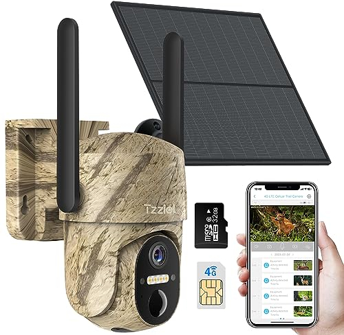 Tzziel 3G/4G LTE Cámara fototrampeo de Vigilancia Exterior con Batería Solar, 2K Visión Nocturna en Color, PIR Detección de Movimiento, IP66, Adecuado para Uso en Exteriores o en Lugares sin WiFi
