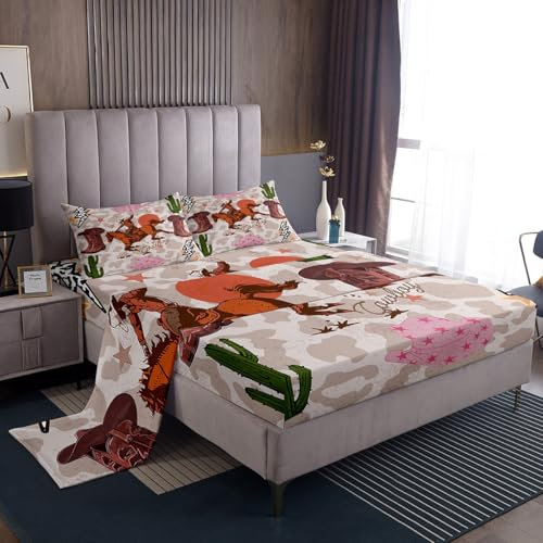 Manfei Cowboy-Bettwäsche-Set, Queen-Size-Größe, rosa Cowboyhüte, Stiefel, Kaktus, Bettwäsche-Set für Kinder, Mädchen, amerikanisches Western-Bettwäsche-Set, 4-teilig, mit tiefen Spannbettlaken,