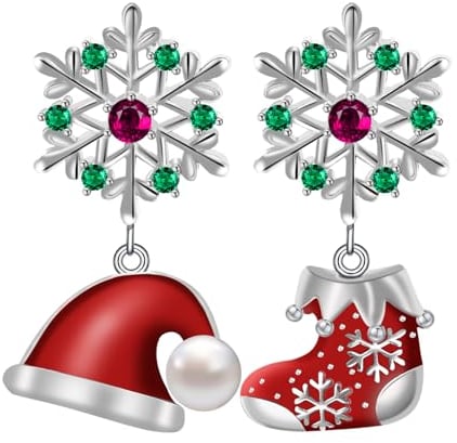 Schneeflocke Weihnachten Ohrringe für Damen - Qings 925 Sterling Silber Weihnachtsmann Weihnachtsmütze Baumeln Tropfen Ohrstecker mit Rot-Grüner Zirkonia Schmuck Weihnachts Geschenke für Mädchen