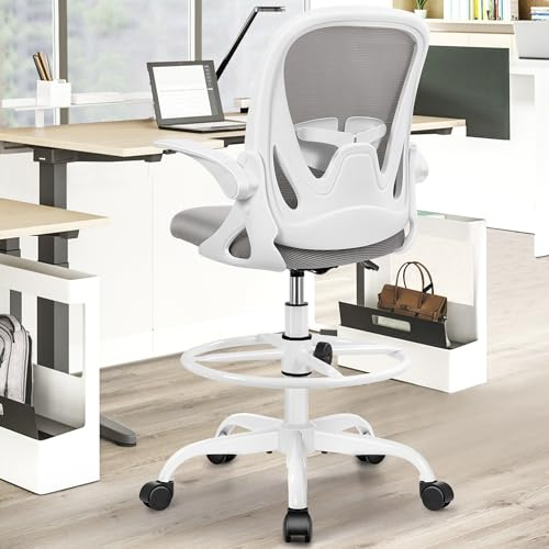 Primy Ergonomisches Bürostuhl, höhenverstellbarer Zeichenstuhl mit klappbaren Armlehnen und Verstellbarer Lendenstütze mit Fußstützenring, Familiendrehstuhl (Grau)