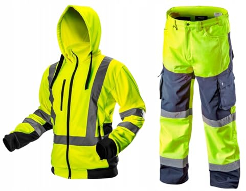 NEO TOOLS Herren Wasserdichte Arbeit Warnschutzhose + Warme Arbeit Warnjacke (Orange/Gelb) | Softshell Hose aus mit Fleece-Innenfutter, Fleecegefütterte Jacke Gr. S-XXL