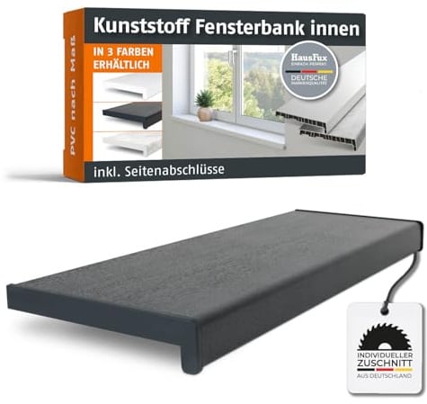HausFux PVC Innenfensterbank nach Maß, Graphit (T x L: 20 x 70 cm) | Inkl. passender Seitenabschlüsse – maßgefertigte PVC-Innenfensterbank, pflegeleicht, robust und einfach zu montieren.