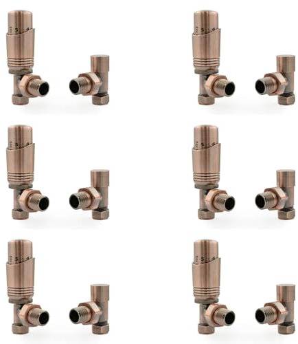 Hot Flow (6 Pack Bundle) Antique Copper Cascade Angled Modern TRV Thermostatic Radiator Valve (Pair) Includes 6X Angled TRV Body's & 6X Lock Shields for Quick & Easy Temperature Control.
