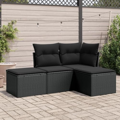 Gaseeto Polyrattan Gartenlounge mit Stauraum Rattan Lounge Sitzgruppe Polyrattan Gartenmöbel Set Ecklounge Set Gartensofa Lounge Gartenmöbel Set Terrassenmöbel Lounge Loungemöbel 4-TLG.29-Schwarz
