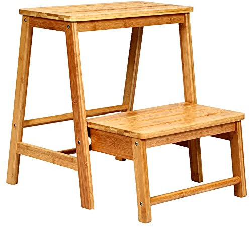 GOPLUS Taburete Escalera de Bambú, Escalera Plegable de 2 Peldaños Antideslizante y Resistente, Banqueta Plegable Multifuncional, 45 x 51 x 48 cm, Carga 100 kg, para Baño Cocina Garaje (Natural)