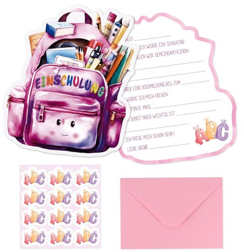 BETESSIN 12x Einschulung Einladungskarten Mädchen Rosa - Einschulung Karten mit Umschlägen - Einschulung Einladungen für Mädchen Einschulungsfeier uvm.