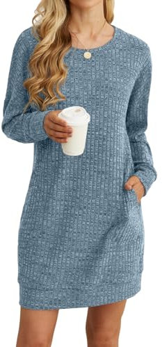 PrinStory Women Jumper Dress Long Sleeves Causal Basic Mini Dress With Pockets Loose Knitted Pullover Tunic Sweatshirt For Women (Light Blue, XL)