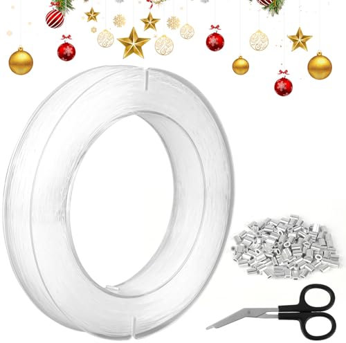 0,8 mm transparenter Nylonfaden, 170 m reißfeste transparente Kordel mit 120 Stück Schlaufenmanschette, Tragkraft 75 lbs Aufhängekordel, transparente Nylonschnur zum Aufhängen, Basteln, Angeln