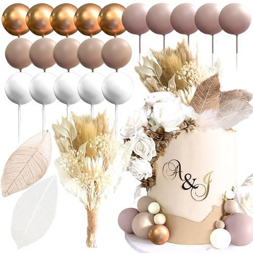 JeVenis Braun Beige Kugeln Boho Tortenaufleger Boho Tortendekorationen Torte Blumen Dekorationen Blumentorte Topper Blume Tortenaufleger für Hochzeit Babydusche Geburtstag Party