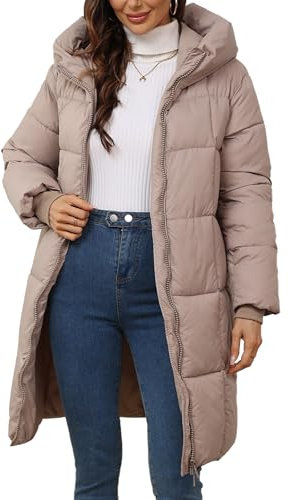Maeau - Doudoune Longue à Capuche Femmes Hiver Fermeture Éclair Veste en Duvet Chaud Manteau Parka Long Matelassé Coupe-vent Décontractée - Kaki - XL