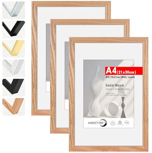HIMEETIME® 3x Bilderrahmen DIN A4 21x30 cm,aus massivem Eichenholz,Natur Eiche Holz Rahmen | Display A5(15x21cm) Bild mit Passepartout |für Wandbehänge oder Tischdekoration