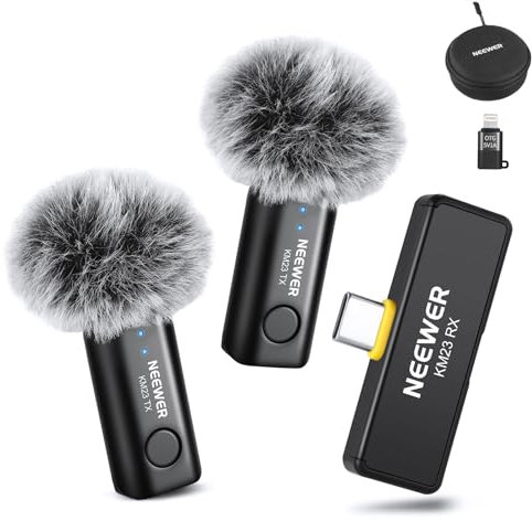 NEEWER Système de Microphone sans Fil Lavalier,1 Récepteur USB C avec Adaptateur OTG et 2 émetteurs à Condensateur Omnidirectionnel à Suppression Bruit Compatible avec iPhone 16 Pro Max S24 Ultra,KM23