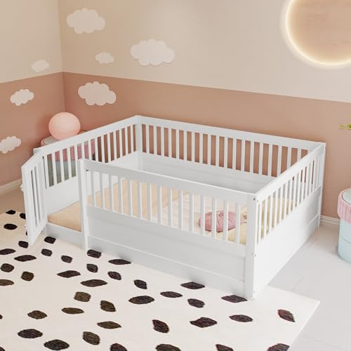 Arhatreya Kinderbett 140x200 cm, Bodenbett mit Gitter und Tür, Holzbett Bettgestell, Bett für Kinder Jungen Mädchen (Ohne Matratze) Weiß