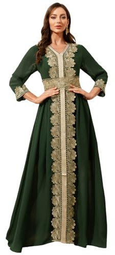 Aibaowedding Muslimische Kleider Damen Abendkleid Dubai Stil Kaftan Robe in Voller Länge Stickerei Blumendruck Islamische Türkische Marokkanische Kleider Hochzeit Abend (Grün,XS)