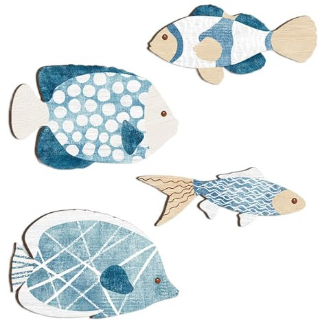 Shenrongtong Decorazione da parete a di pesce in legno, 4 pesci in legno, decorazione da parete in stile nautico, vintage, da appendere, per interni ed esterni