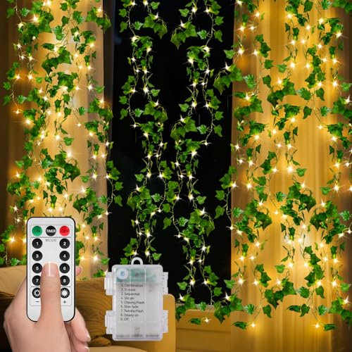 GGNOO 2 Stück 2M 40LED LED Efeu Künstlich Lichterkette, Grüne Efeu-Lichterkette Girlande, Wasserdicht Batteriebetrieben mit Timing-Funktion, für Hängend Pflanzen, Zimmer, Wand, Weihnachtsdekoration