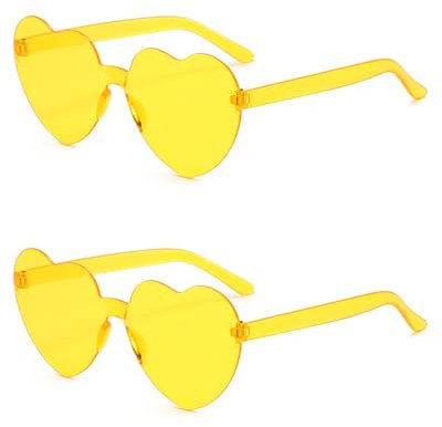 QLEUIFT 2 pcs herzförmige Sonnenbrille, randlos, herzförmig, modisch, Herz, übergroße modische Sonnenbrille, Brillen für Damen, Gelb, Foto-Requisiten, Strandurlaubsparty-Requisiten