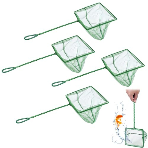 4pcs Fishing Net, Green Aquarium Fish Net, Small Square Fishing Net Fine Mesh with Long Wire Handle Or Catching Small Fishes Shrimps Or Cleaning Fish Tanks, Or Debris