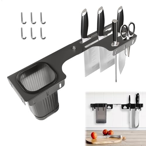 Bloc Couteaux Cuisine, Porte Couteaux, Support Couteaux Mural, Porte Couteaux de Cuisine avec Bac à Ustensiles et 6 Crochets, pour Ranger Les Couteaux et Les Couverts, Matériau Métallique, Gris