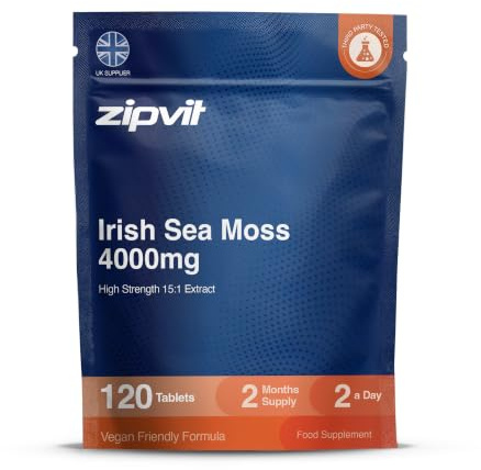 Zipvit Irish Sea Moss Tablets 4000mg - High Strength - 2 Month Supply | 120 Tablets - 15:1 Extract - Sustainably Sourced - Rich in Natural Minerals - 3rd Party Tested - Vegan