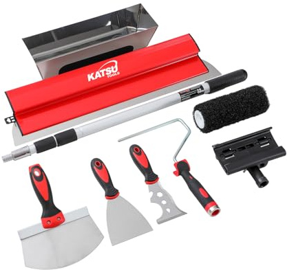 KATSU Tools Lot de 8 lames d'écrémage pour cloison sèche, 60 cm + manche d'extension en aluminium + rouleau à peinture + couteau à mastic + grattoirs à papier peint + poêle à boue, pour mur, panneau