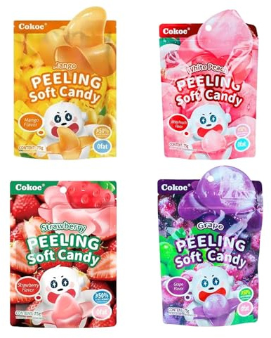 Cokoc Peeling Soft Candy 4er Pack – je 75 g – Fruchtgummi zum Schälen – Strawberry, White Peach, Mango – Trend-Snack aus China