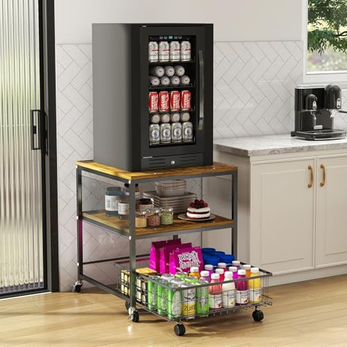 Hadulcet 3-tier Mini Fridge Stand with Storage Basket - Rolling Mini Fridge Cabinet with Wheels, Heavy Duty 21L* 21W Fridge Cart, Sturdy Metal Frame, for Home, Apartment, Office, Dorm, Rustic Brown