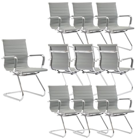 chairus Freischwinger Stühle 10er Set, PU-Leder Konferenzstuhl Grau | Besucherstuhl Ergonomischer mit Armlehnen, Moderner Schwingstuhl mit Chromgestell, Bürostühle Konferenz-Raum/Wartezimmer/Büro