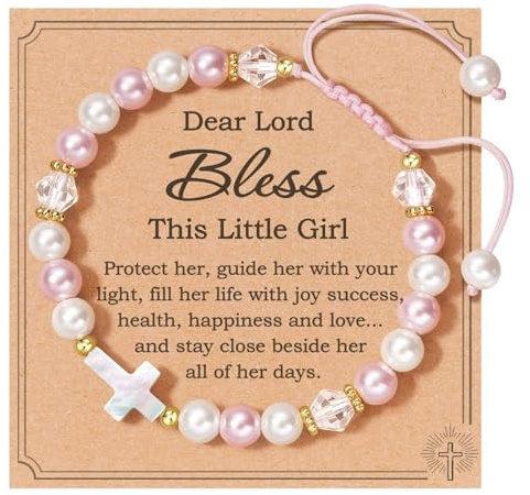 Pink White Pearl Bracelet for Girls, Adjustable Cross Beaded Bracelet | Christening Holy Communion Baptism And Confirmation Gift, Includes Message Card, For Birthdays Weddings And Christmas