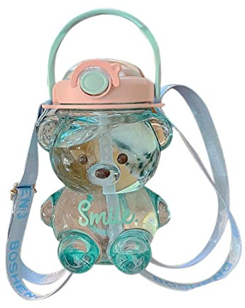 Botella de agua portátil con forma de oso de 1000 ml con pajita y correa, lindas botellas de agua para adolescentes, niñas, deportes escolares, botella creativa para beber jugo de té con leche (azul)