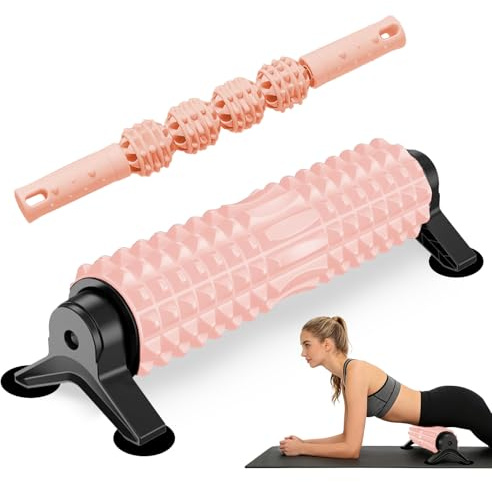 Faszienrolle Set, 53x18 cm Foam Roller mit Massageroller Stab, Faszienrolle Wirbelsäule mit 3D Texturmassage, Mittlere Härte, Yoga, Pilates Faszienrolle mit Ständer, für rücken Rücken Beine, Rosa