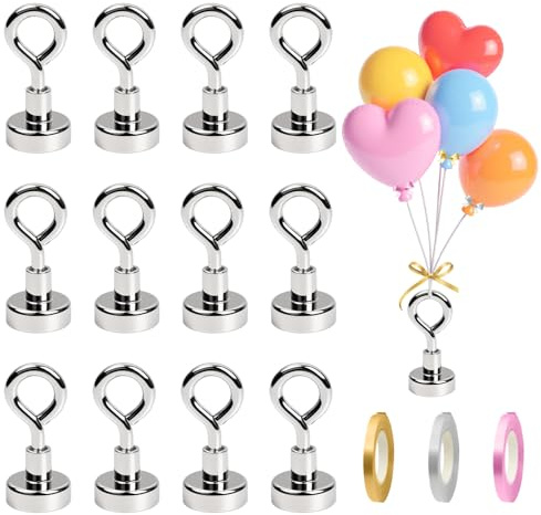 ZhouWei 12 Pièces Poids Ballon Helium avec 6 Rubans 10 m Réutilisables | Magnetique Poids pour Ballons Support pour Ballons Crochet Aimanté, Décorations pour Fête Anniversaire Mariage Noël (Argent)