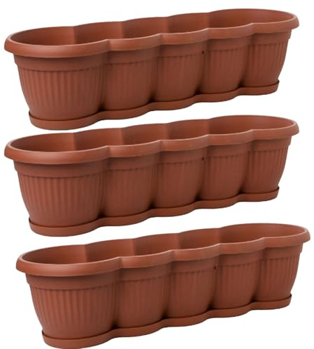 LIVINJA 3er Set Blumenkasten mit Untersetzer 60 cm - Balkonkasten Terracotta Kunststoff Made in EU - Blumenkästen Balkon Fensterbank außen