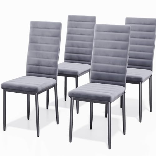 Blishom Esszimmerstühle 4er Set aus Samt, Gepolstert Küchenstühle, Hellgrau | Weicher Samtbezug, bequeme Polsterung und Rückenlehne; für Esszimmer, Küche oder Wohnzimmer