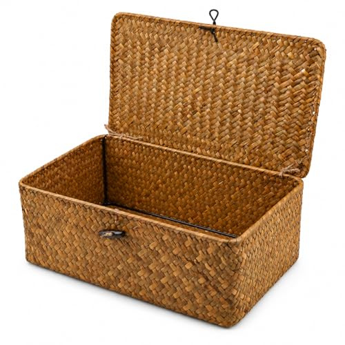 Wicker Storage Baskets – Seagrass Storage Baskets with Lids, Handwoven Wicker Storage Box for Shelves, Small Woven Organizer Basket for Bathroom, Bedroom, Living Room, Kitchen & Desktop (Small)