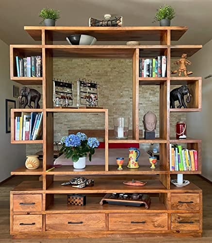 OPIUM OUTLET Regal Raumteiler Regalwand Bücherboard Kommode offen TV Schrank Sideboard Wohnwand Wohnzimmer-Möbel Mango-Holz massiv B x H 200 x 220 cm