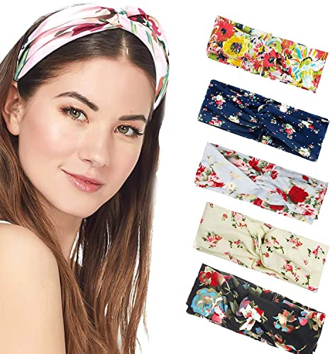 Headband Women Vintage Flower Headband Printed Head Scarf Elastic Hairband,Bandana Boho Hairbands Hair Accessories,5Pcs
